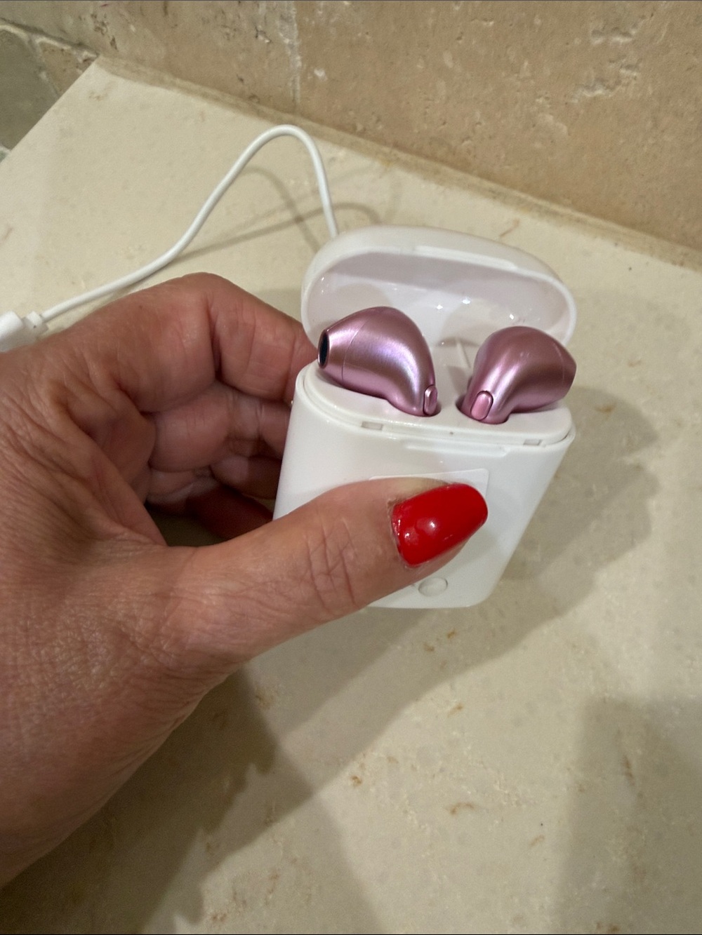 Wireless Pink Metallic Earbuds with White Case With Charger Cable